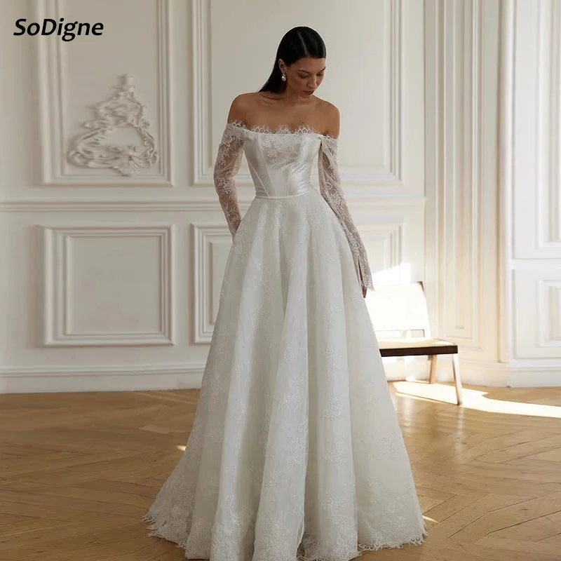 

SoDigne A-line Lace/Satin Bride Dresses Off Shoulder Long Sleeves Wedding Dress 2025 Bridal Gowns Robe De Mairee Customized ﻿