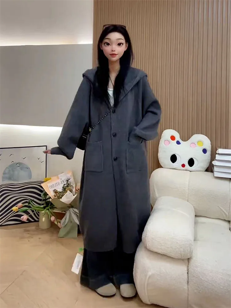 

Original Lazy Sle Long Knitted Hooded Cardigan Women's Thiened Autumn Winter Outerwear Sweatirt Coat with kets Button
