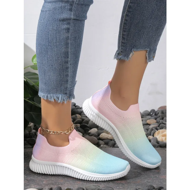 Gradient Color Women Flats Shoes Breathable Mesh Platform Fashion Sneakers Slip on Soft Ladies Casual Shoes Women Tennis Flats