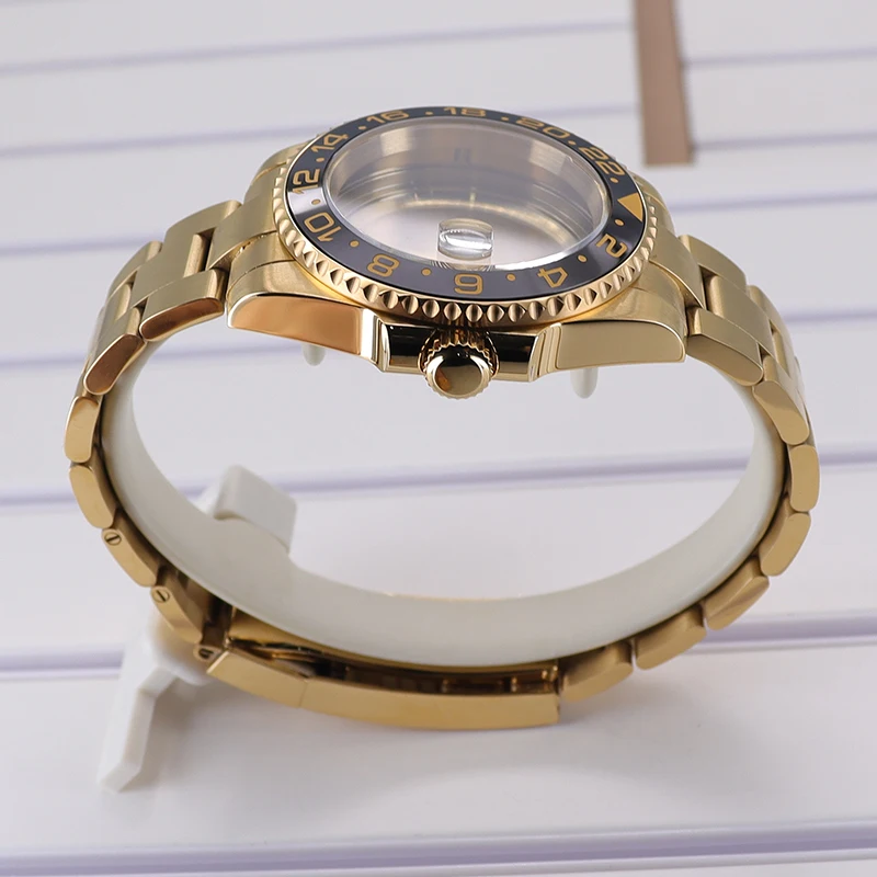 Gold PVD 40mm GMT Watch NH34 Case With Sapphire Crystal For NH34 NH35 NH36 Miyota8215 2824 28.5mm Dial 316L Bracelet Accessories