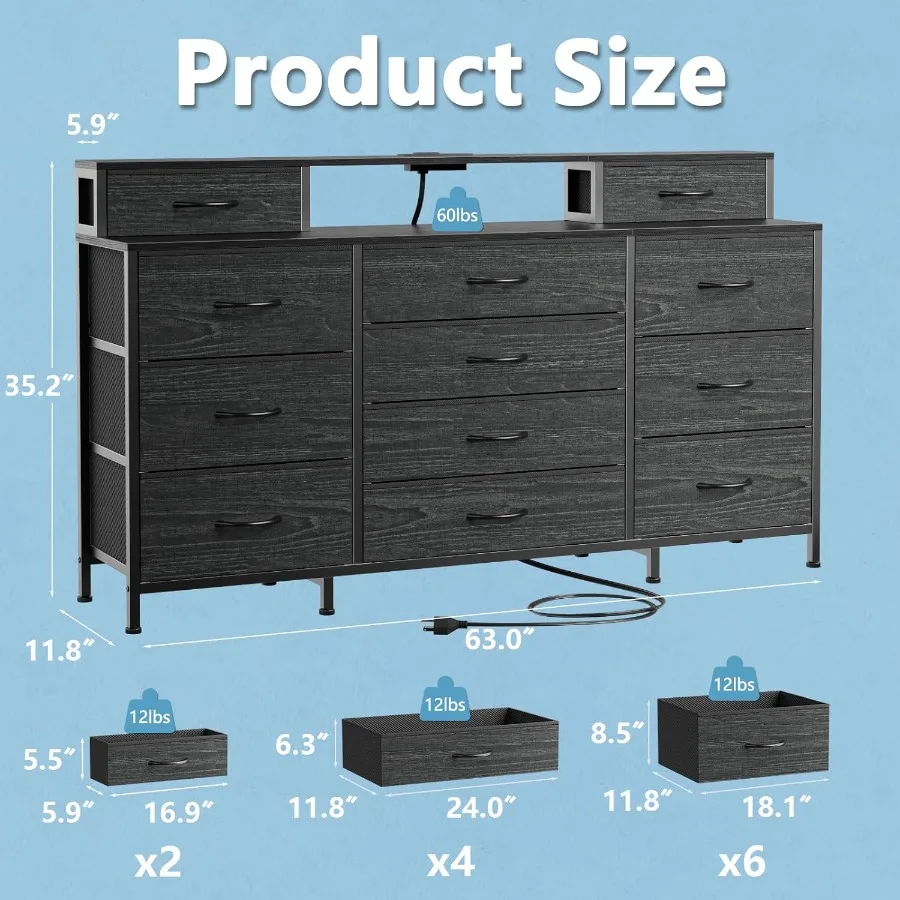 خزانة ملابس 63 واط لغرفة النوم مع أضواء LED ومنافذ طاقة سوداء كبيرة 12 درج تخزين طويل من القماش مع 2 She