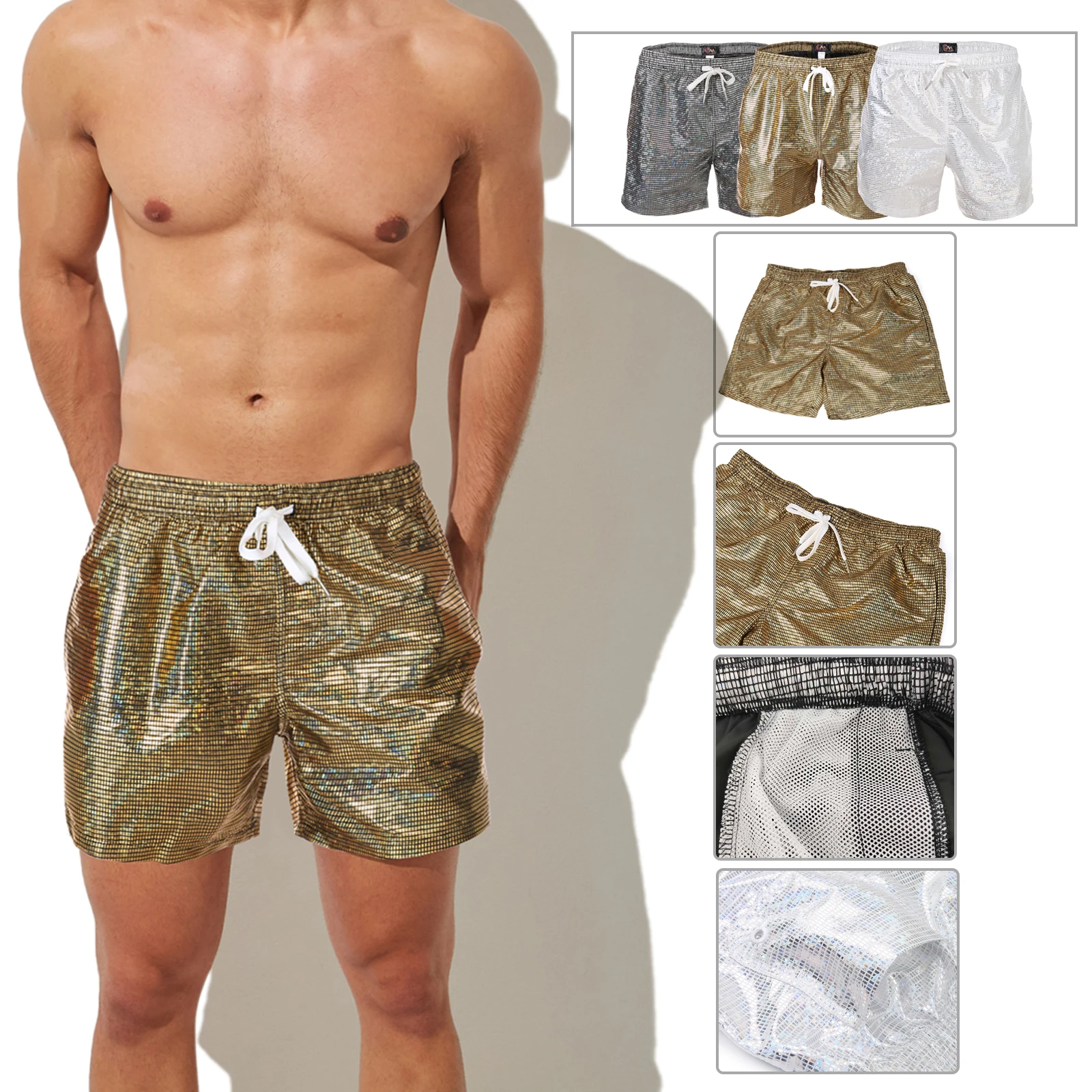 

Men's Sequins Casual Loose Shorts Pocket Shiny Nightclub Dancing Boxers Gay Club Outfit Men Reflective Colorful Light Lingerie