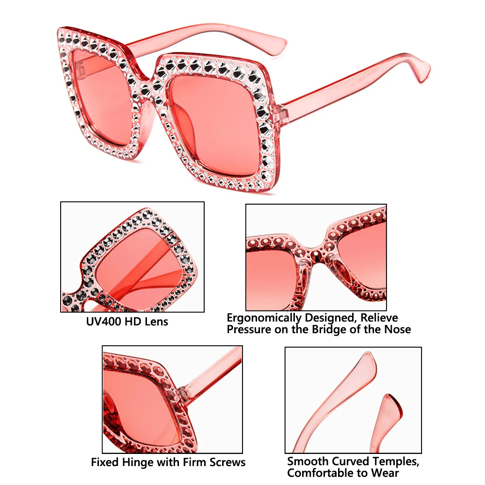Lunettes de soleil Fashion V400 en cristal, surdimensionnées, de forme carrée