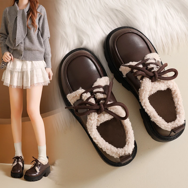 

Women's Fluffy Lined Leather Pumps PlatformShoes Winter Round Toe Lace-up Comfortable Warm Cotton Boots British Style High Heels