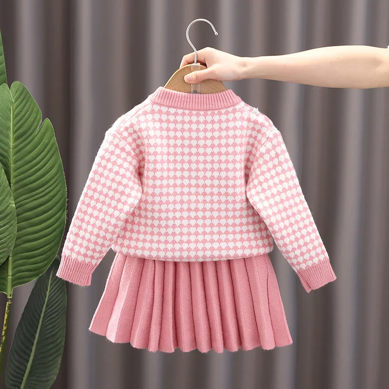 Autumn Winter 2024 Toddler Girls 2PCS Clothes Set Cotton Knotbow Plaid Knitwear Coat Suit Solid Pleated Skirts Baby Girl Outfits