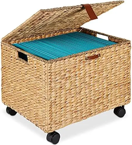 Handwoven Water Hyacinth Rolling Filing Cabinet, Mobile File Organizer for Hanging Folders W/Lid and Locking Wheels For