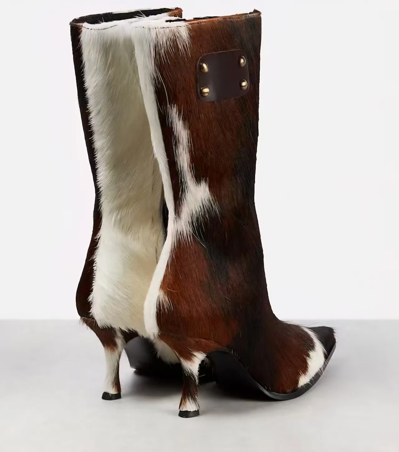 Vogue Cow Print Pointed Toe Mid-Calf Boots Furry Upper Leather Patch Avant-Garde Style Stiletto Mid-calf Boots