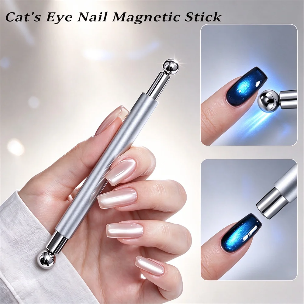 1 unidade de caneta magnética cilíndrica reforçada com esfera de aço redonda e ímã de olho de gato de dupla cabeça para unhas de gel, ferramentas de m