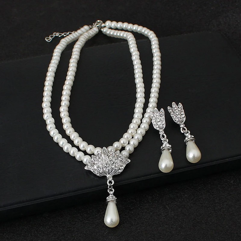 Elegant Simulated-pearl Bridal Jewelry Sets Rhinestone Pearl Necklace+Earrings Pearl Elegant Decoration Pendientes Gifts