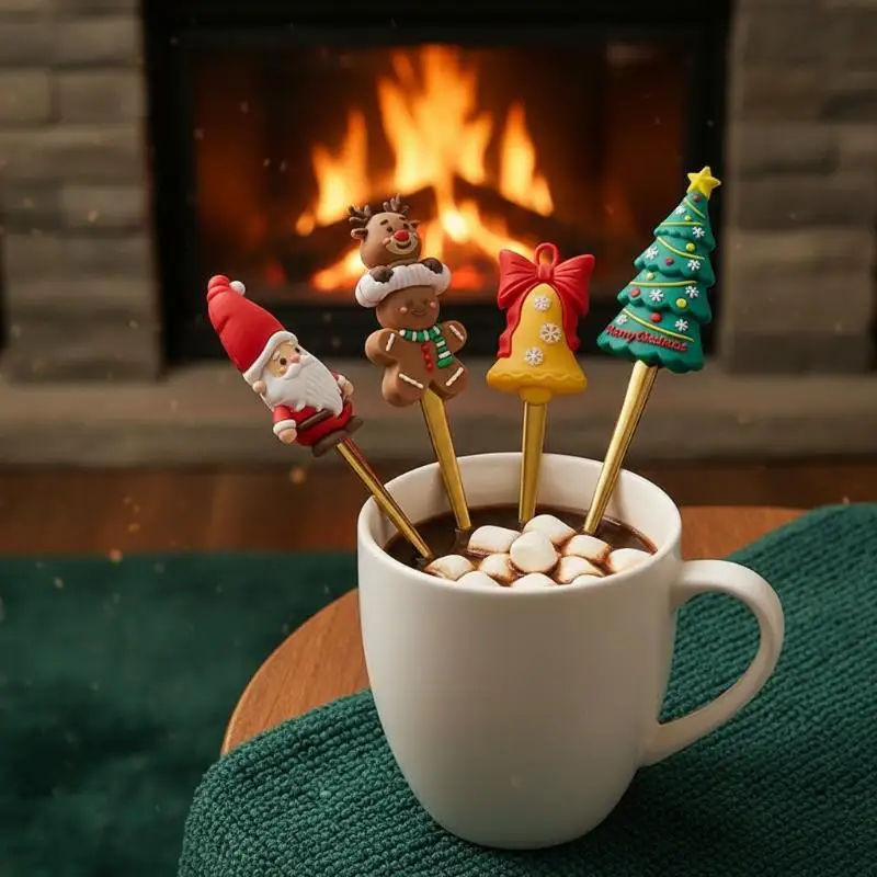 2Pcs Christmas Cutlery Spoon Fork Set Adorable Santa Gingerbread Handle for Kids Daily Use Xmas Party Dinner