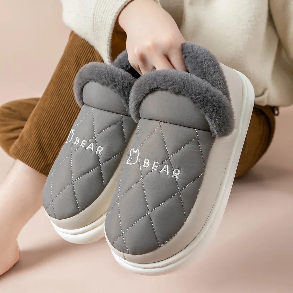 Winter Women Slippers Warm Home Furry Shoes Platform Plush Slides Indoor Outdoor Soft Anti-Slip Men Thick Sole Floor Flats