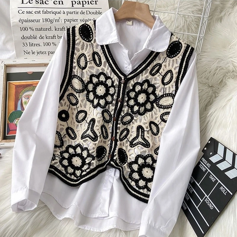 Women Crochet Sleeveless Sweater Vest Waistcoat V-Neck Button Down Hollow Out Knit Ethnic Floral Leaves Cardigan for Jac