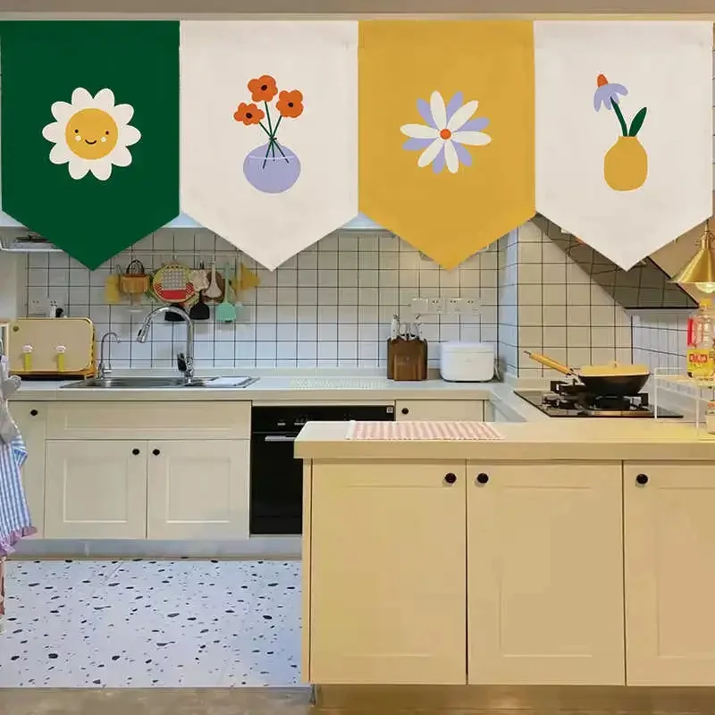 VIKAMA Heart Eyes Smiley Face Triangle Curtain Cute Emoji Print Fabric Pennant Valance for Kitchen Window Home Decor