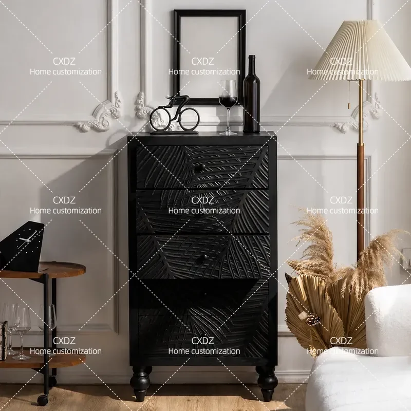 French Solid Wood Black 5 Drawer Cabinet Retro Bedside Table Living Room Sofa Side Table Engraved Entryway Storage Console