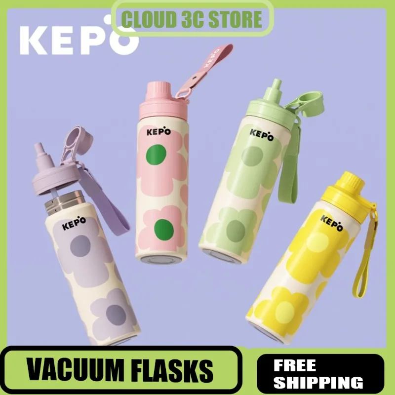 

KEPO 600ml Stainless Steel Thermos Bottle Insulated Water Cup with Straw Portable Outdoor Water Bottle Leak-proof Drinking Cup