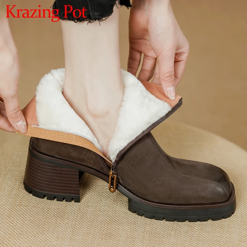 Krazing Pot Wool Cow Leather Square Toe Thick High Heel Heels Snow Boots Cold-resistant Fur Gentlewomen Buffing Zip Ankle Boots