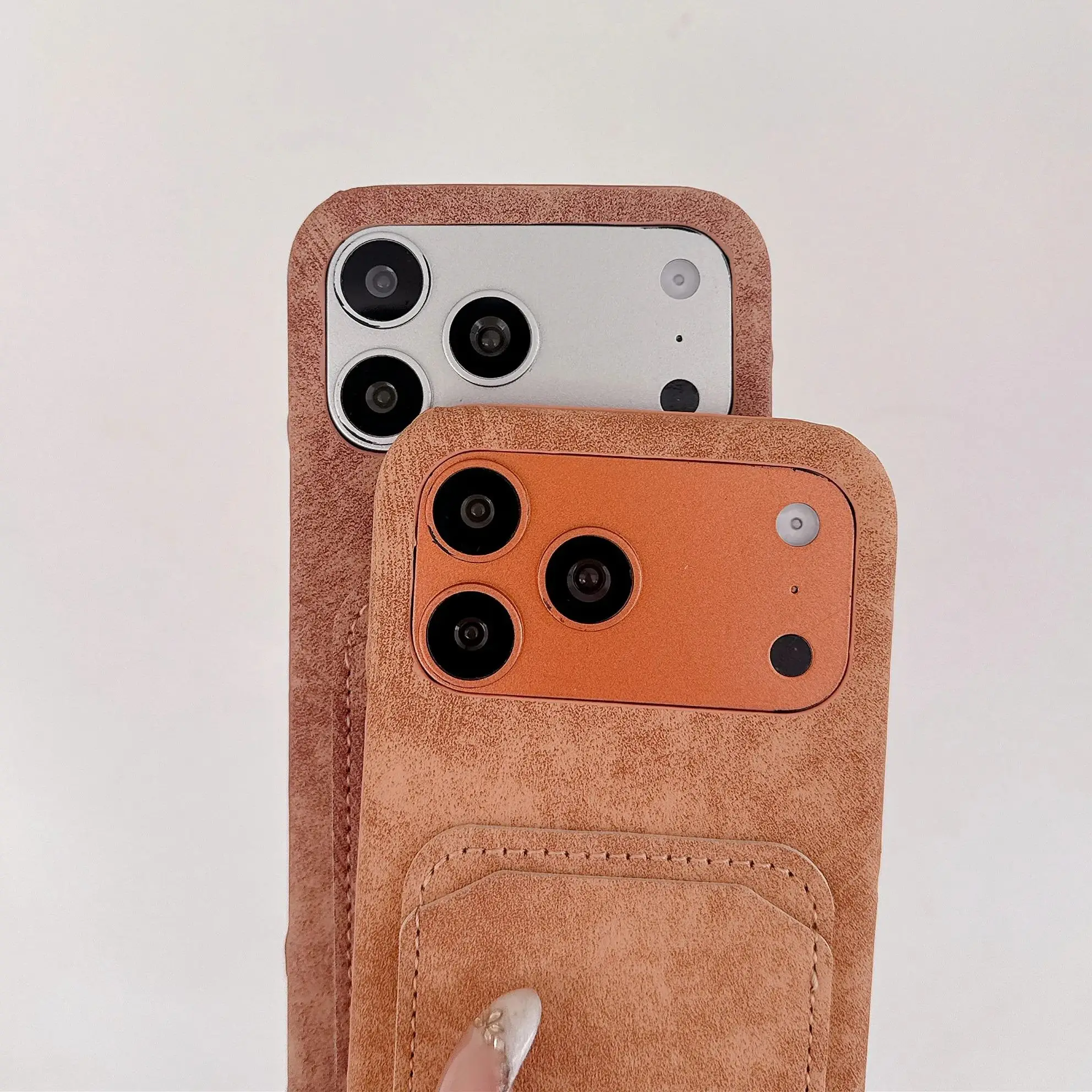 Retro Card Holder Slot Faux Leather Suede Case For iPhone 17 Air 16 15 14 13 12 11 Pro Max Plus Matte Frameless Bumper Cover view 3