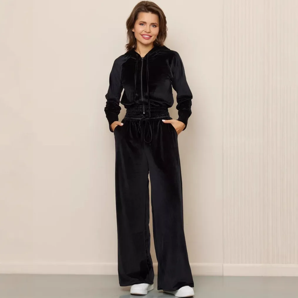 2026 New Women 2 Piece Tracksuit Zip Up Drawstring Cropped Hoodie Elastic Waist Side Stripe Wide Leg Pants Casual Matching Set