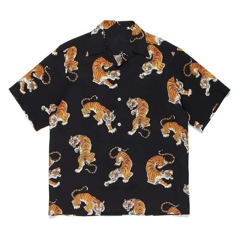 2026 Hawaiian Tiger Print shirt Short sleeve black top Beach vacation men's Fashion vintage clothing