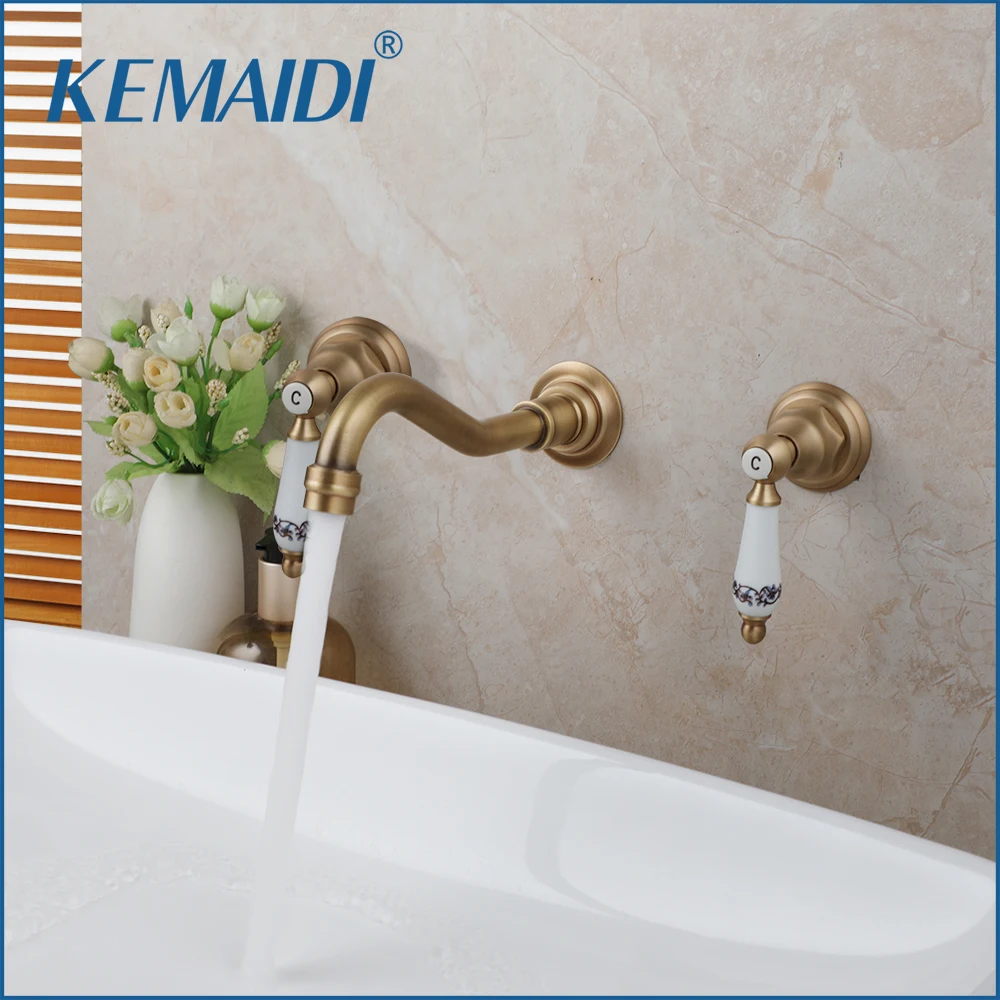 

KEMAIDI Antique Brass Bathroom Widespread Sink Faucet Wall Mount 3 Holes 2 lever Knobs Brass Lavatory Basin Mixer Tap Mixing