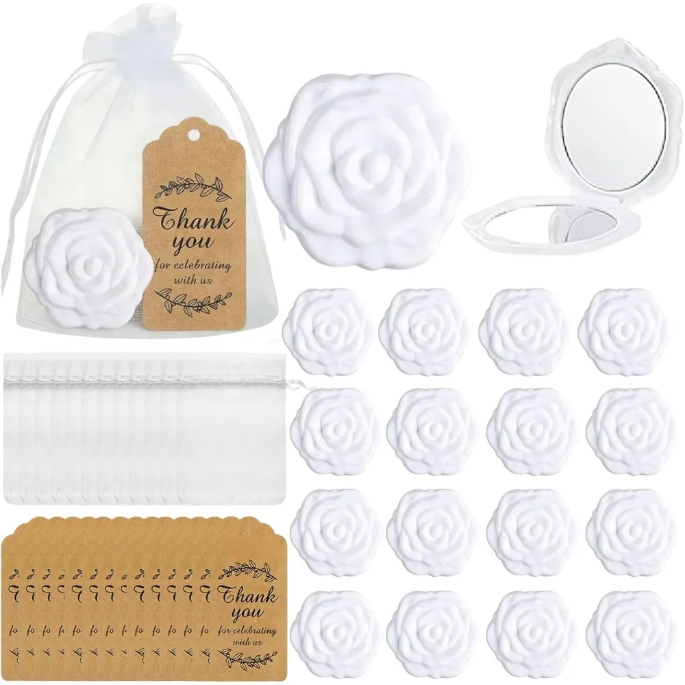 10/18 juegos de espejos compactos con diseño de rosas, bolsas de organza y etiquetas de agradecimiento para recuerdos de boda y despedidas de soltera