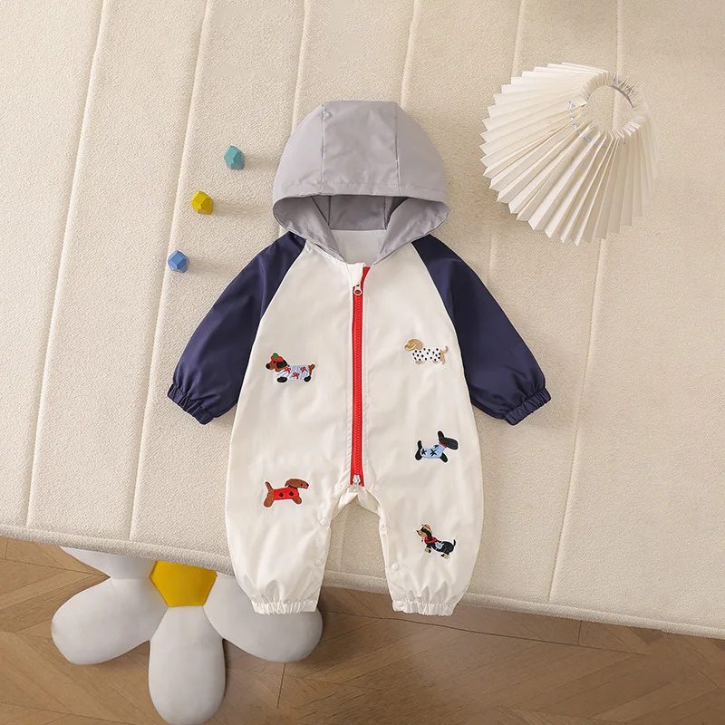 Spring Autumn Infant Baby Hooded Romper Cute Dog Embroidery Zipper Baby Clothes Long Sleeve Newborn Windproof Jumpsuit