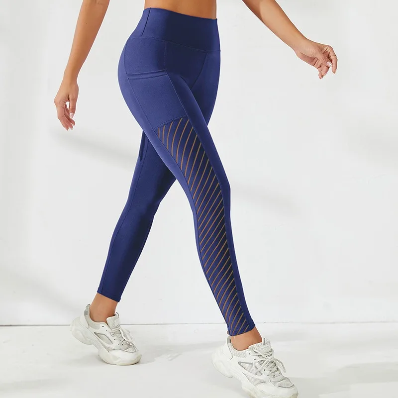 Calça de yoga com bolso de malha respirável, cintura alta, levantamento de quadril, estiramento de quatro vias, esportes e fitness, yoga, leggings femininas