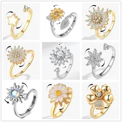 Gold Color Copper Crystal Anxiety Relife Spinning Ring For Women Enamel Sunflower Rotate Freely Anti-Stress Rotating Rings