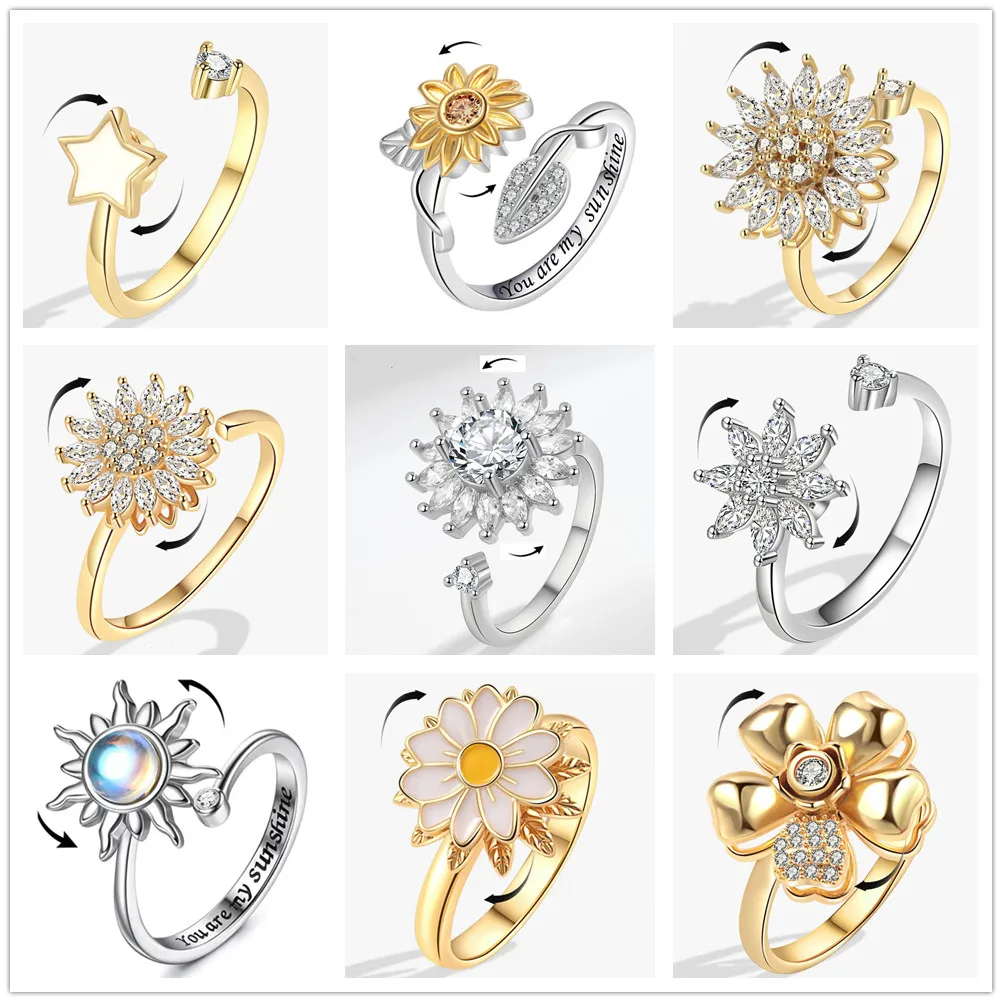Gold Color Copper Crystal Anxiety Relife Spinning Ring For Women Enamel Sunflower Rotate Freely Anti-Stress Rotating Rings