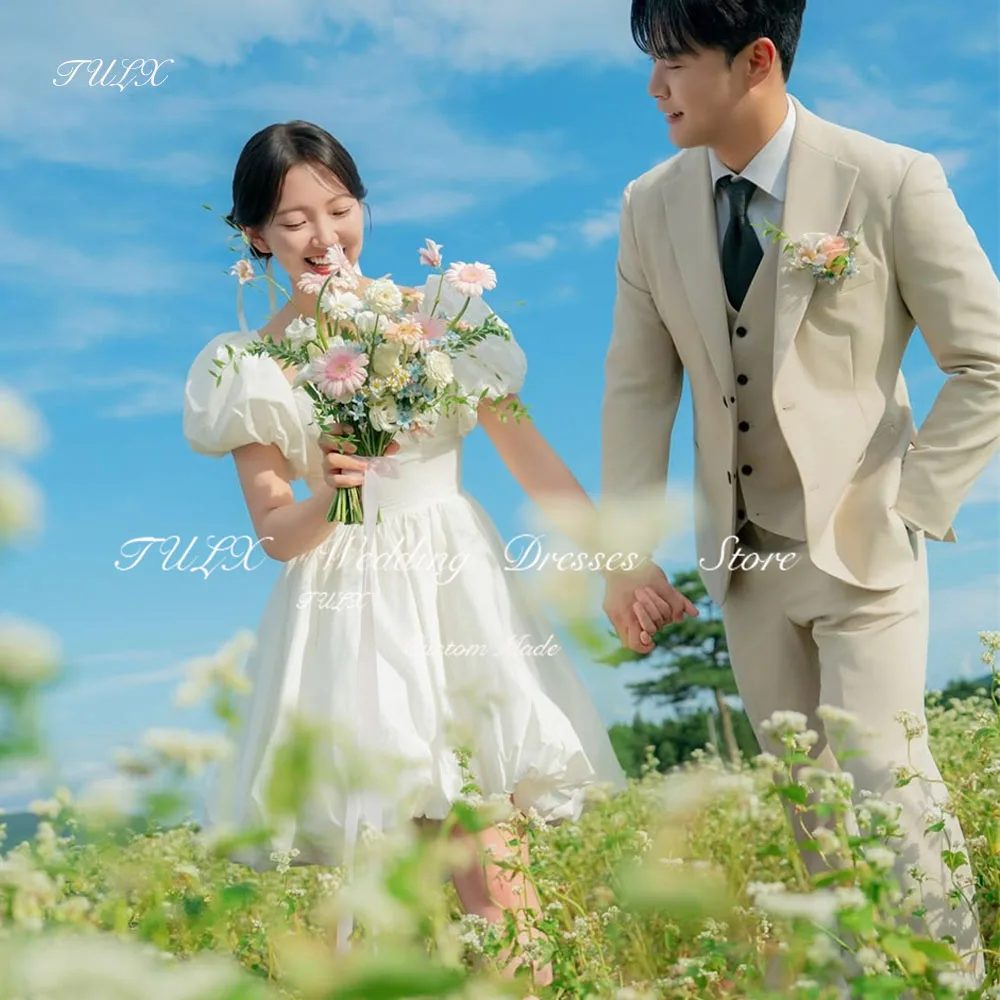 

TULX Mini Ivory Taffeta Wedding Dress Korea Photo Shoot Square Collar Puff Sleeves Bridal Gowns A line Short Corset Customized