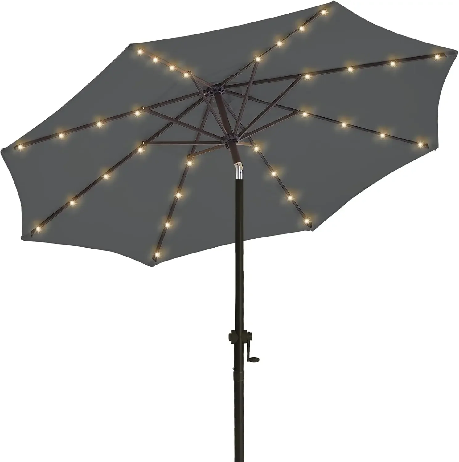 

9ft Solar Led Patio Umbrella, Sturdy Outdoor Market Umbrella for Deck, Pool, Garden w/Tilt, Crank, 32 LED Lights, Dark Grey