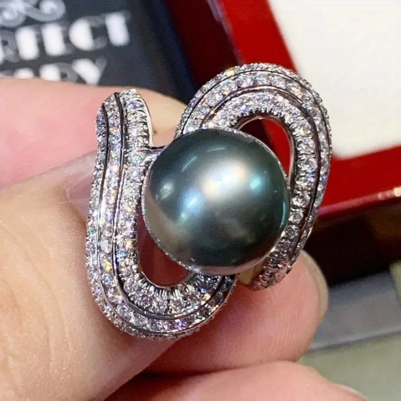 Women's Luxury Imitation Pearl Ring Elegant Anniversary Jewelry with Sparkling Synthetic Zirconia for Weddings Parties