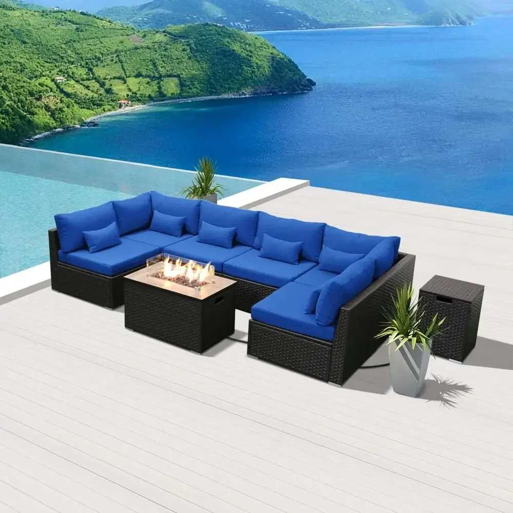 Patio Furniture Set, Patio Sectional Sofa with Gas Fire Pit Table Propane Fire Pit Rectangular Table, Outdoor Furniture Set