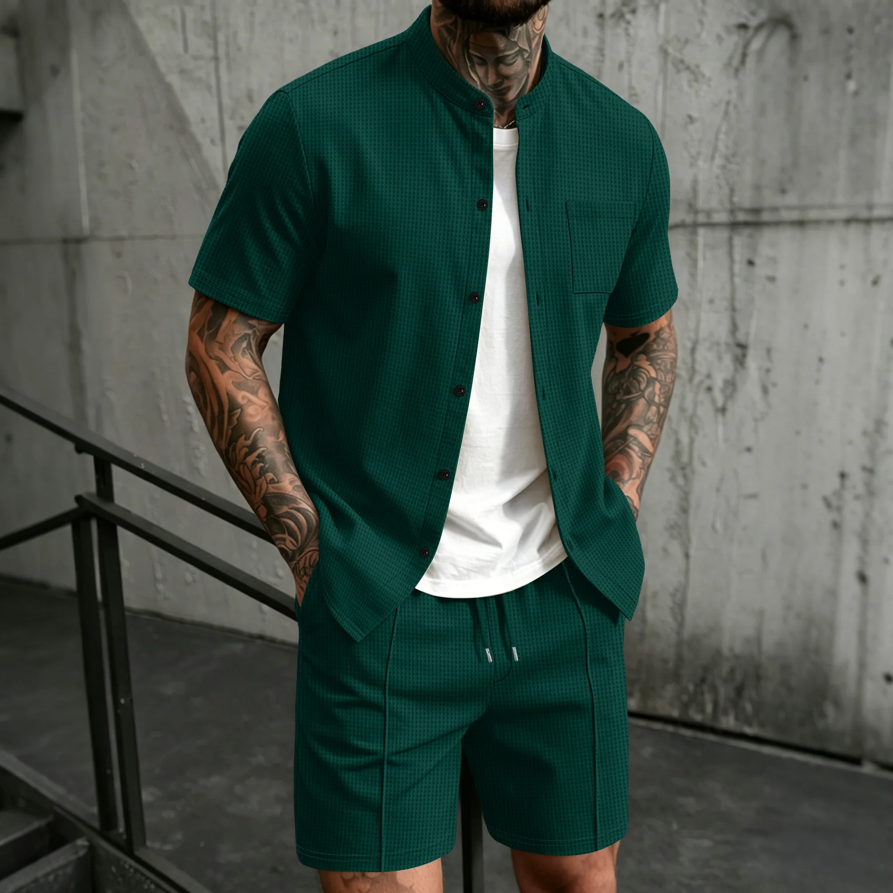 Men's New Summer Style Waffle Plain-Color Crew-Neck T-Shirt with Pocket Short-Sleeved Set with Beach Shorts Men's Casual Suit view 5