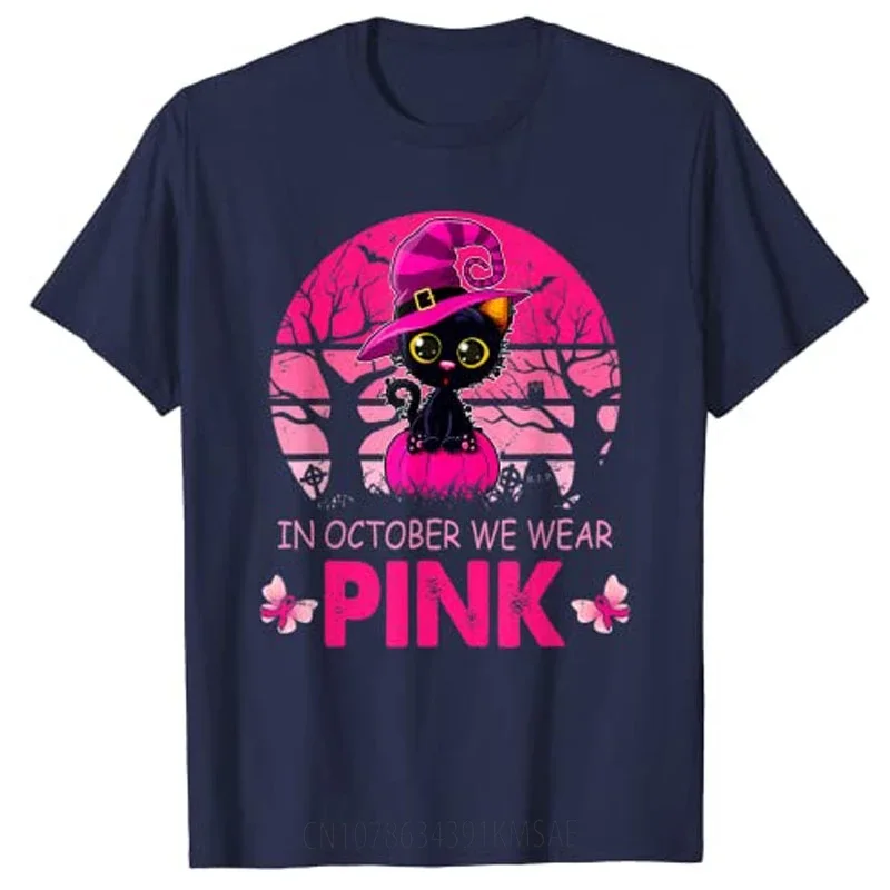 In October We Wear Pink Cute Cat Breast Cancer Awareness Halloween T-Shirt Graphic Tee