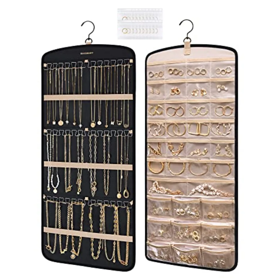 

Hanging Jewelry Organizer Necklace Holder Anti-tangle Earrings Rings Hanger with 20 Jewelry Bags Travel Storage Roll with Pocke