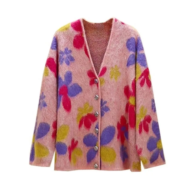 Dopamine soft and sweet pink flower jacquard sweater jacket, women's autumn and winter lazy style knitted cardigan top