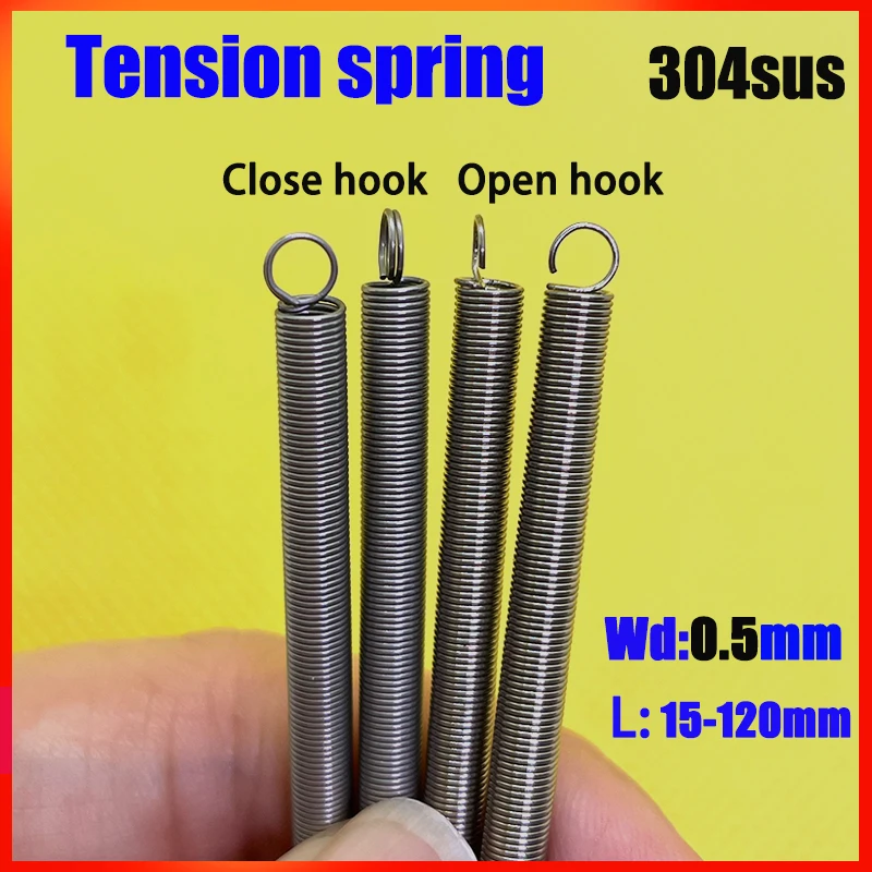 304 Wire Diameter 0.5mm Tension Spring Pullback Spring Coil Extension Spring Open Hook Close Hook Draught Spring L:15-120mm
