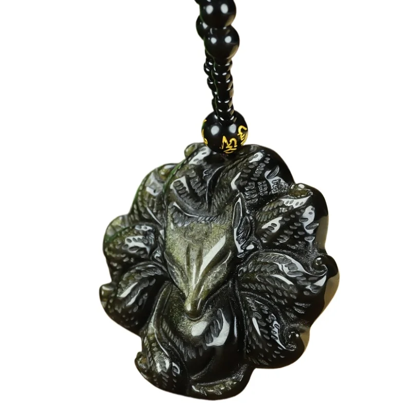 Elegant Chinese style nine-tailed fox pendant natural obsidian engraved amulet