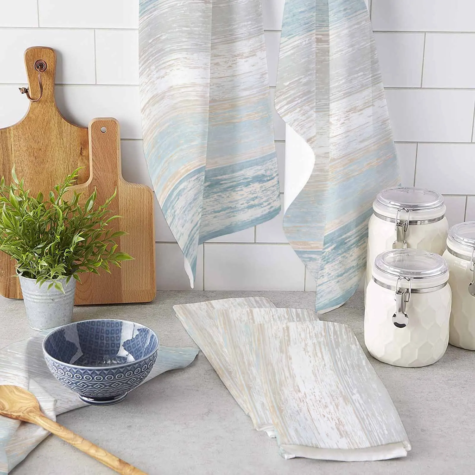 Retro Wood Grain Light Blue Gradient Towel Set Cleaning Cloth Kitchen Accessories Dish Washing Cloth Household