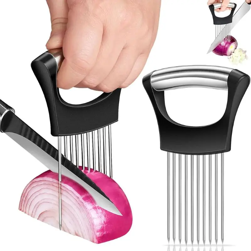 Stainless Steel Onion Cutter Holder Food Slicer Assistant Tomato Vegetable Slicer Kitchen Gadget Cutting Fork for Easy Cooking