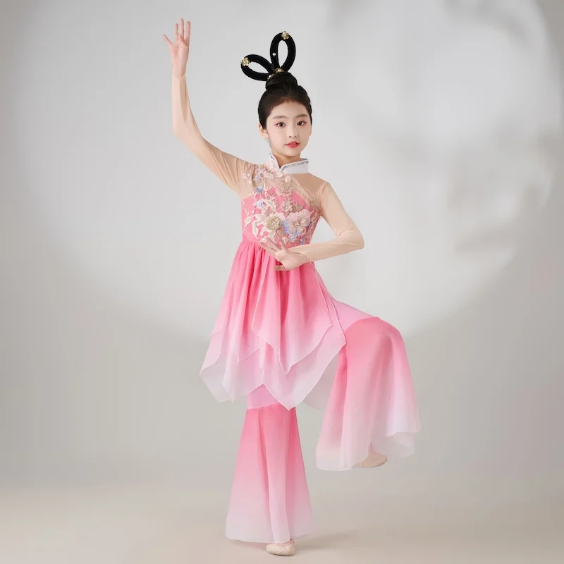 Danza classica per bambini Danza cinese Stile antico Elegante abito da ballo con fiori cadenti Tipo diviso