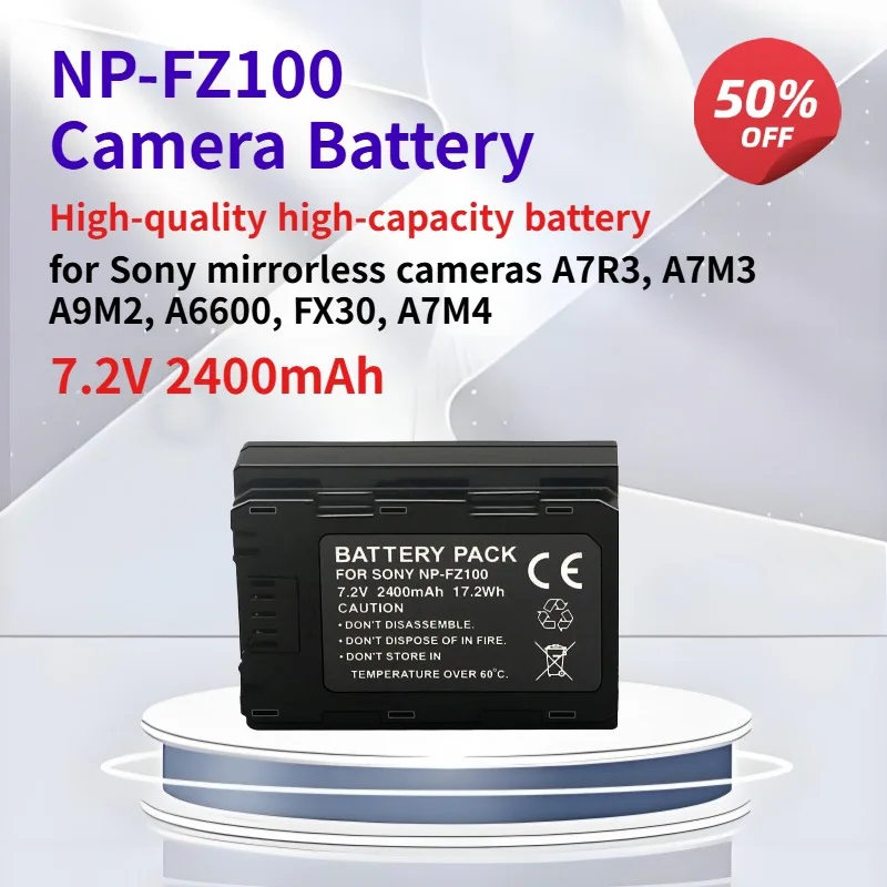 NP-FZ100 7.2V 2400mAh for Sony Mirrorless Cameras A7R3 A7M3 A9M2 A6600 FX30 A7M4 Decoded Battery with Strong Compatibility