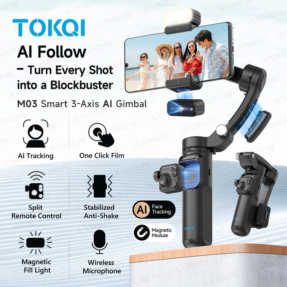 AI顔追跡3軸ジンバルスタビライザー、ワイヤレスマイク、磁気ライト