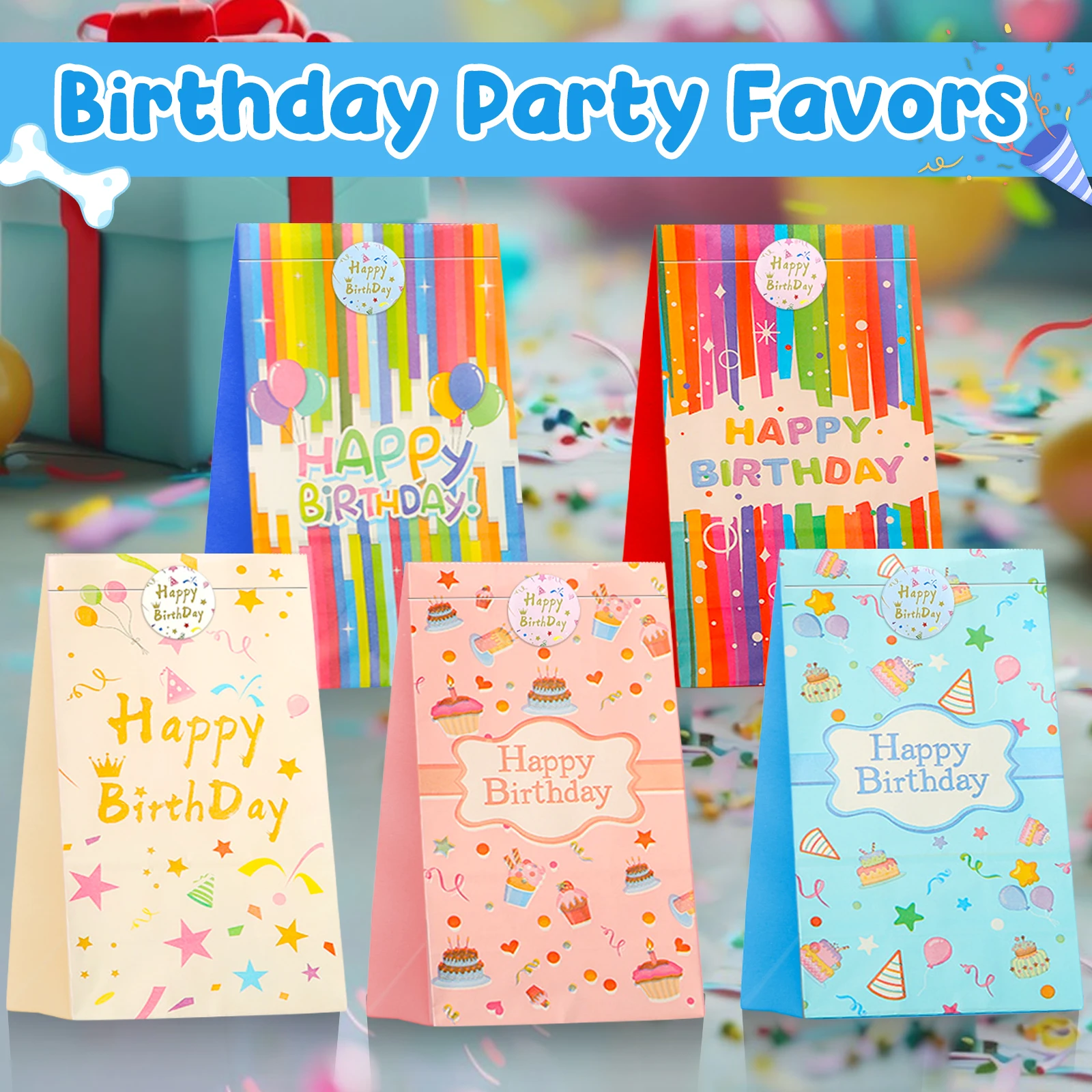 24 Pcs Birthday Theme Party Gift Bag with 24 Pcs Stickers, Birthday  Party Decorations 8 Designs Paper Candy Bag Gift for Party,