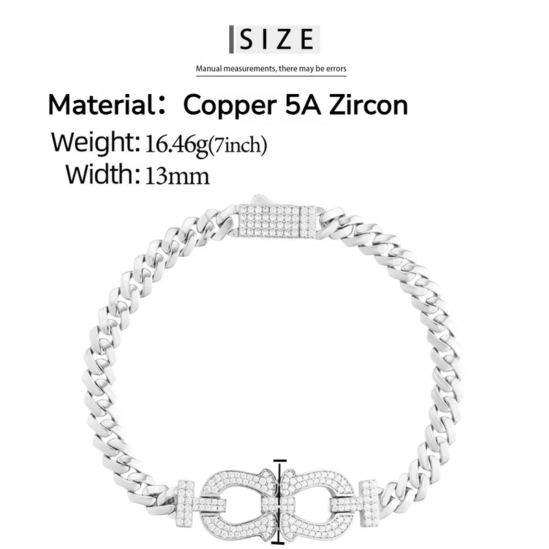 TUHE Silver Plated Copper Cuban Link Bracelet Iced Out Cubic Zirconia Double Horseshoe Charm For Men Hip Hop Jewelry Party Gift view 6