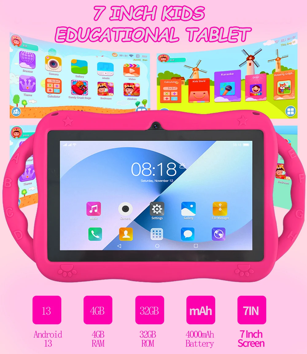 7-inch Display screen 1280x800,4GBRAM+32GBROM, Equipped With Protective case, parents Can control, Built-in games, (Pink)