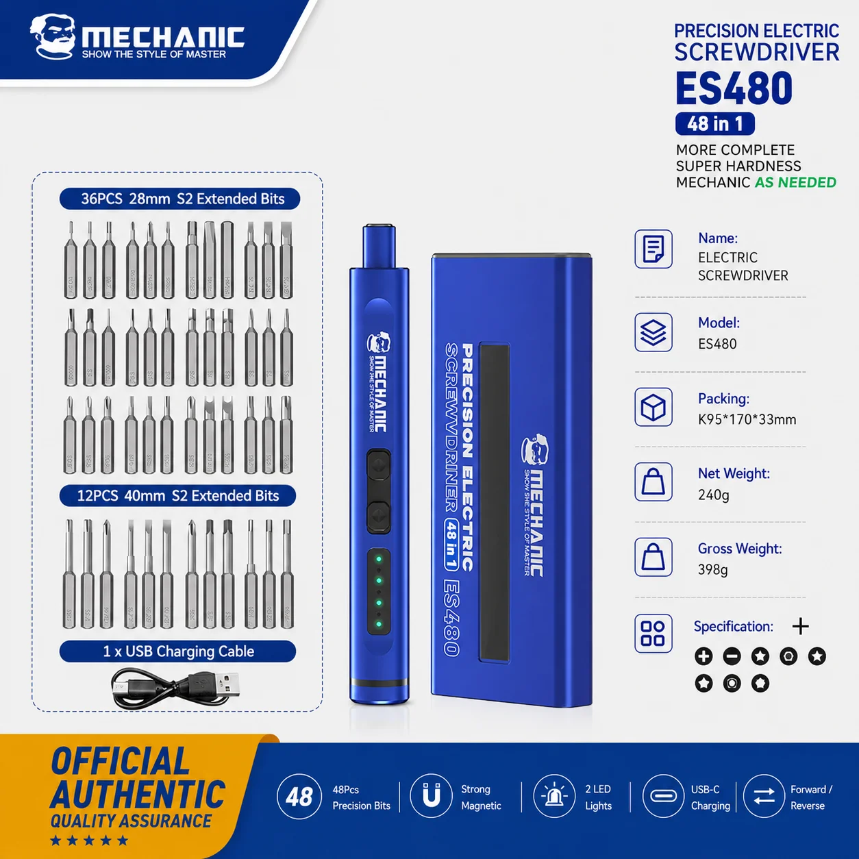 MECHANIC ES480 48-in-1 Electric Precision Screwdriver Set for Mobile Phone Laptop PC Camera Electronics Repair Disassembly Tool