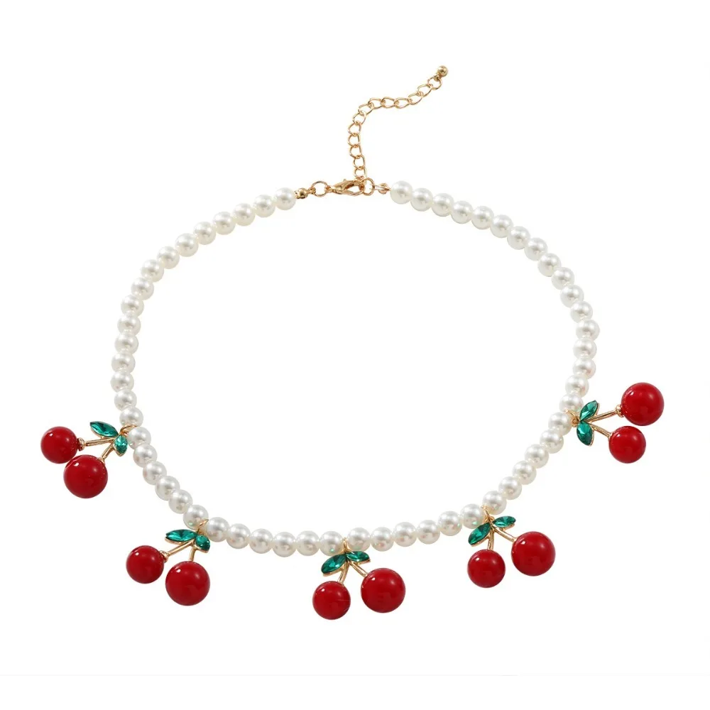 Elegant Cherry Pendant Women's Pearls Necklace Jewelry Gift Imitation Pearl Cherry Pendant Necklace Alloy Neck Chain Women