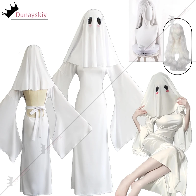 Halloween New Cosplay Costume Horror Fright Ghost Smiley Face Veil White Cinched Waist Dress Women Halloween Costume Full Set